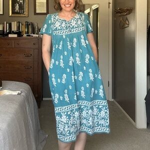 Blue Floral Vintage Mexican Style Short-Sleeve Women's Midi/Maxi Dress